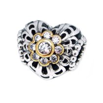 1x 14k Gold Over 925 Sterling Silver Love Heart Valentine Clear CZ Crystal Bead for European Charm Bracelets