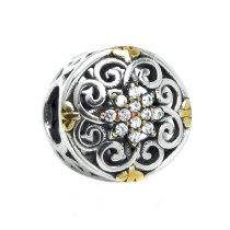 1x 14k Gold on 925 Sterling Silver Round Enthic Flower Clear CZ Crystal Bead for European Charm Bracelets