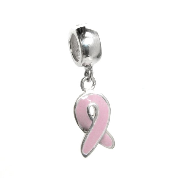 925 Sterling Silver Pink Ribbon Breast Cancer Awareness Dangle Enamel Pendant Bead for European Charm Bracelets