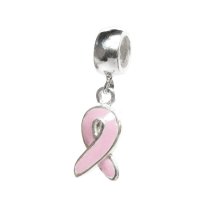 925 Sterling Silver Pink Ribbon Breast Cancer Awareness Dangle Enamel Pendant Bead for European Charm Bracelets