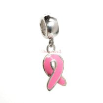925 Sterling Silver Pink Ribbon Breast Cancer Awareness Dangle Enamel Pendant Bead for European Charm Bracelets