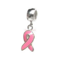 925 Sterling Silver Pink Ribbon Breast Cancer Awareness Dangle Enamel Pendant Bead for European Charm Bracelets