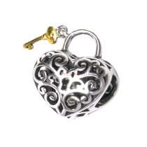 1x 14k Gold Over 925 Sterling Silver Love Heart Lock Key Valentine Bead for European Charm Bracelets