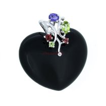 Rhodium on 925 Sterling Silver Flower Bail Genuine Black Onyx Love Heart Charm Pendant with Real Gem Stones