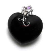 Rhodium on 925 Sterling Silver Flower Bail Genuine Black Onyx Love Heart Charm Pendant with Real Gem Stones