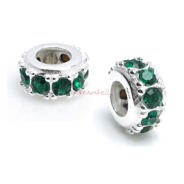 Sterling Silver Round Ring Bead Emerald Crystals for European Charm Bracelets Birthstone May