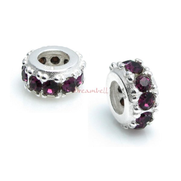 Sterling Silver Round Ring Bead Amethyst Crystals for European Charm Bracelets Birthstone February