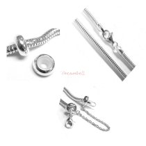 .925 Sterling Silver 3mm Snake Bracelet with 2 Robber Stoppers and Safety Chain for European Bead Charm 8″