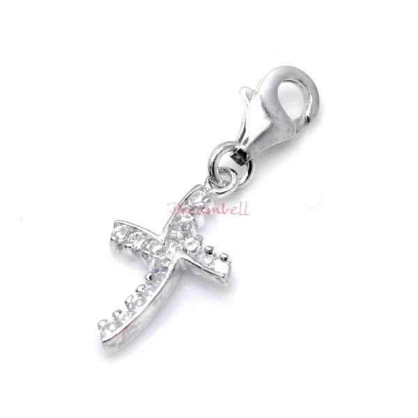 1x Sterling Silver Cross Ribbon Clear CZ Crystal Dangle Bead Pendant for European Lobster Clip on Charm Bracelets