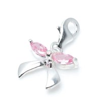 1x Sterling Silver Bow Ribbon Light Pink Rose CZ Crystal Dangle Charm Pendant for European Lobster Clip on Charm Bracelets