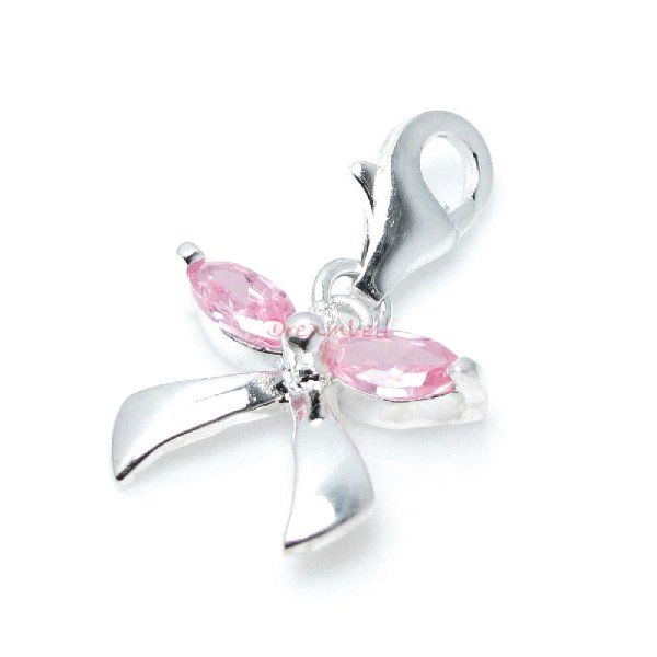 1x Sterling Silver Bow Ribbon Light Pink Rose CZ Crystal Dangle Charm Pendant for European Lobster Clip on Charm Bracelets