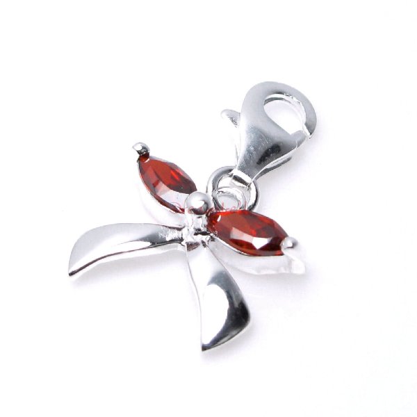 1x Sterling Silver Bow Ribbon Red CZ Crystal Dangle Bead Pendant for European Lobster Clip on Charm Bracelets