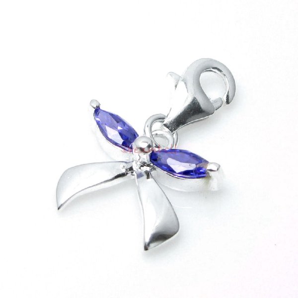 1x Sterling Silver Bow Ribbon Purple Crystal Dangle Charm Pendant for European Lobster Clip on Charm