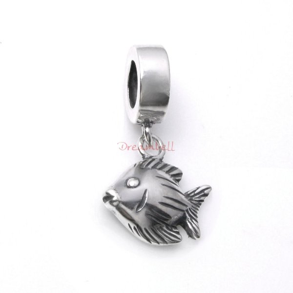 1x Antique 925 Sterling Silver Tropical Reef Angel Fish Dangle Pendant for European Charm Bracelets
