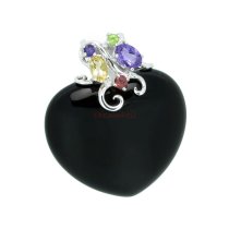 Rhodium on 925 Sterling Silver Flower Bail Genuine Black Onyx Love Heart Charm Pendant with Real Gem Stone