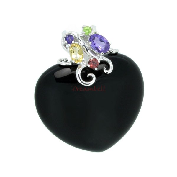 Rhodium on 925 Sterling Silver Flower Bail Genuine Black Onyx Love Heart Charm Pendant with Real Gem Stone
