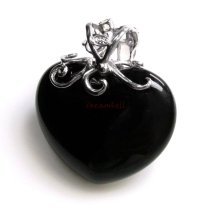 Rhodium on 925 Sterling Silver Flower Bail Genuine Black Onyx Love Heart Charm Pendant with Real Gem Stone