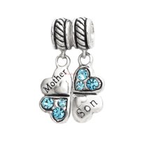 1 Set Sterling Silver Mother & Son Love Heart Light Blue CZ Clover Dangle Pendant Bead for European Charm Bracelets
