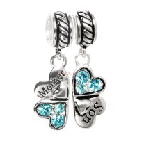 1 Set Sterling Silver Mother & Son Love Heart Light Blue CZ Clover Dangle Pendant Bead for European Charm Bracelets