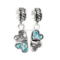 1 Set Sterling Silver Mother & Son Love Heart Light Blue CZ Clover Dangle Pendant Bead for European Charm Bracelets