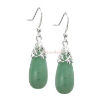 2x Sterling Silver Aventurine Stone Teardrop Charm Dangle French Hook Earwire Earrings