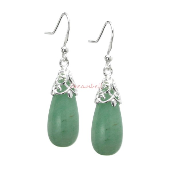 2x Sterling Silver Aventurine Stone Teardrop Charm Dangle French Hook Earwire Earrings