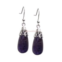 2x Sterling Silver Genuine Amethyst Stone Teardrop Charm Dangle French Hook Earwire Earrings