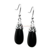 2x Sterling Silver Black Onyx Stone Teardrop Charm Dangle French Hook Earwire Earrings