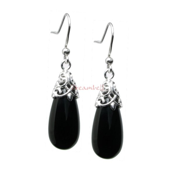 2x Sterling Silver Black Onyx Stone Teardrop Charm Dangle French Hook Earwire Earrings