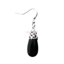 2x Sterling Silver Black Onyx Stone Teardrop Charm Dangle French Hook Earwire Earrings