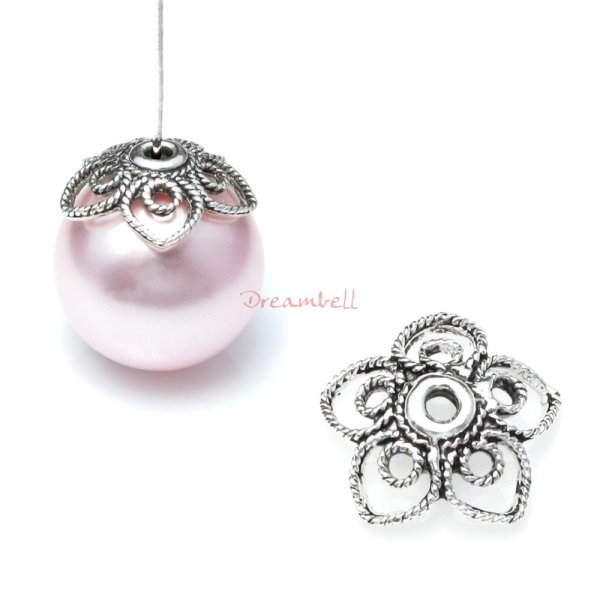 2x Antique 925 Sterling Silver Filigree Flower Pearl Bead Cap Cover 11mm