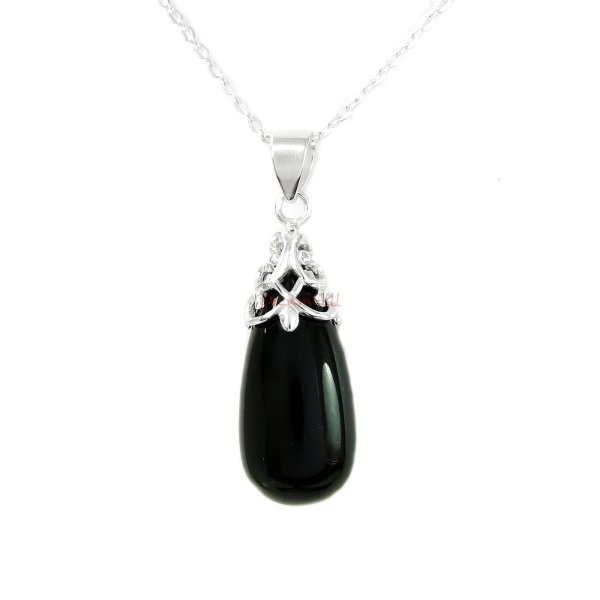 Sterling Silver Genuine Black Onyx Stone Flower Bail Teardrop Charm Pendant w/ Sterling Silver Chain Necklace 16" + 2" Extender