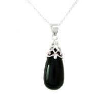 Sterling Silver Genuine Black Onyx Stone Flower Bail Teardrop Charm Pendant w/ Sterling Silver Chain Necklace 16" + 2" Extender
