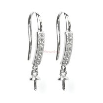 2x Rhodium on 925 Sterling Silver CZ Crystal Earwire with 3mm Pearl Cup Dangle French Hook Earring Connector