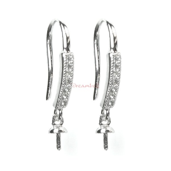 2x Rhodium on 925 Sterling Silver CZ Crystal Earwire with 3mm Pearl Cup Dangle French Hook Earring Connector
