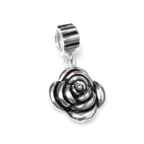 Antique 925 Sterling Silver Rose Flower Dangle Pendant for European Charm Bracelets