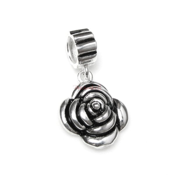 Antique 925 Sterling Silver Rose Flower Dangle Pendant for European Charm Bracelets