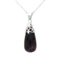 Sterling Silver Genuine Amethyst Stone Flower Bail Teardrop Charm Pendant w/ Sterling Silver Chain Necklace 16″ + 2″ Extender