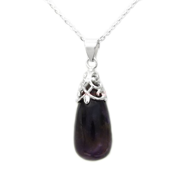 Sterling Silver Genuine Amethyst Stone Flower Bail Teardrop Charm Pendant w/ Sterling Silver Chain Necklace 16" + 2" Extender