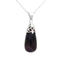 Sterling Silver Genuine Amethyst Stone Flower Bail Teardrop Charm Pendant w/ Sterling Silver Chain Necklace 16" + 2" Extender