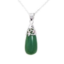Sterling Silver Aventurine Stone Flower Bail Teardrop Charm Pendant w/ Sterling Silver Chain Necklace 16″ + 2″ Extender