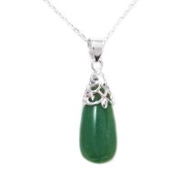 Sterling Silver Aventurine Stone Flower Bail Teardrop Charm Pendant w/ Sterling Silver Chain Necklace 16" + 2" Extender