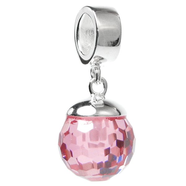 925 Sterling Silver Pink CZ Crystal Dangle Pendant Bead for European Charm Bracelets