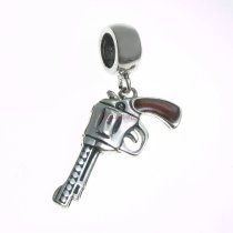 1x Antique 925 Sterling Silver Brown Enamel Cowboy Magnum Revolver Pistol Gun Dangle Bead Pendant for European Charm Bracelets