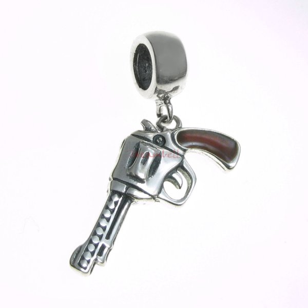 1x Antique 925 Sterling Silver Brown Enamel Cowboy Magnum Revolver Pistol Gun Dangle Bead Pendant for European Charm Bracelets