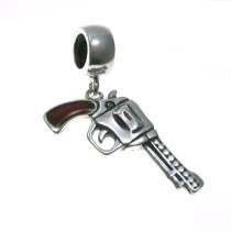 1x Antique 925 Sterling Silver Brown Enamel Cowboy Magnum Revolver Pistol Gun Dangle Bead Pendant for European Charm Bracelets