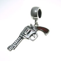 1x Antique 925 Sterling Silver Brown Enamel Cowboy Magnum Revolver Pistol Gun Dangle Bead Pendant for European Charm Bracelets
