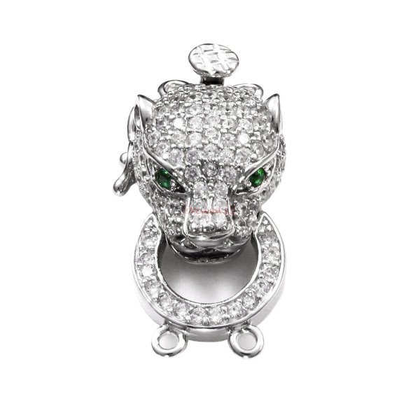1x Rhodium Plated Sterling Silver Jungle Leopard Panther 2 Strands Pearl Box Micro Pave CZ Crystal Clasp 25mm