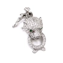 1x Rhodium Plated Sterling Silver Jungle Leopard Panther 2 Strands Pearl Box Micro Pave CZ Crystal Clasp 25mm