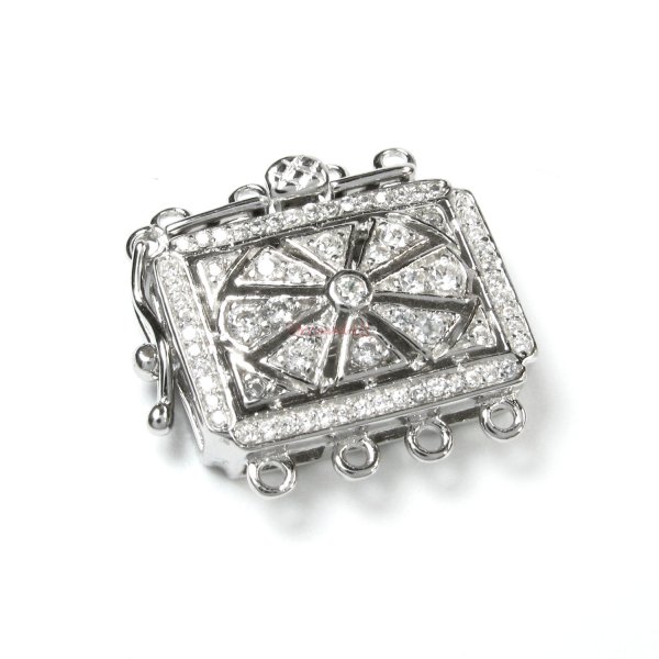 1x Rhodium Plated Sterling Silver Filigree Rectangle 4 Strands Pearl Box Micro Pave CZ Crystal Clasp 18mm